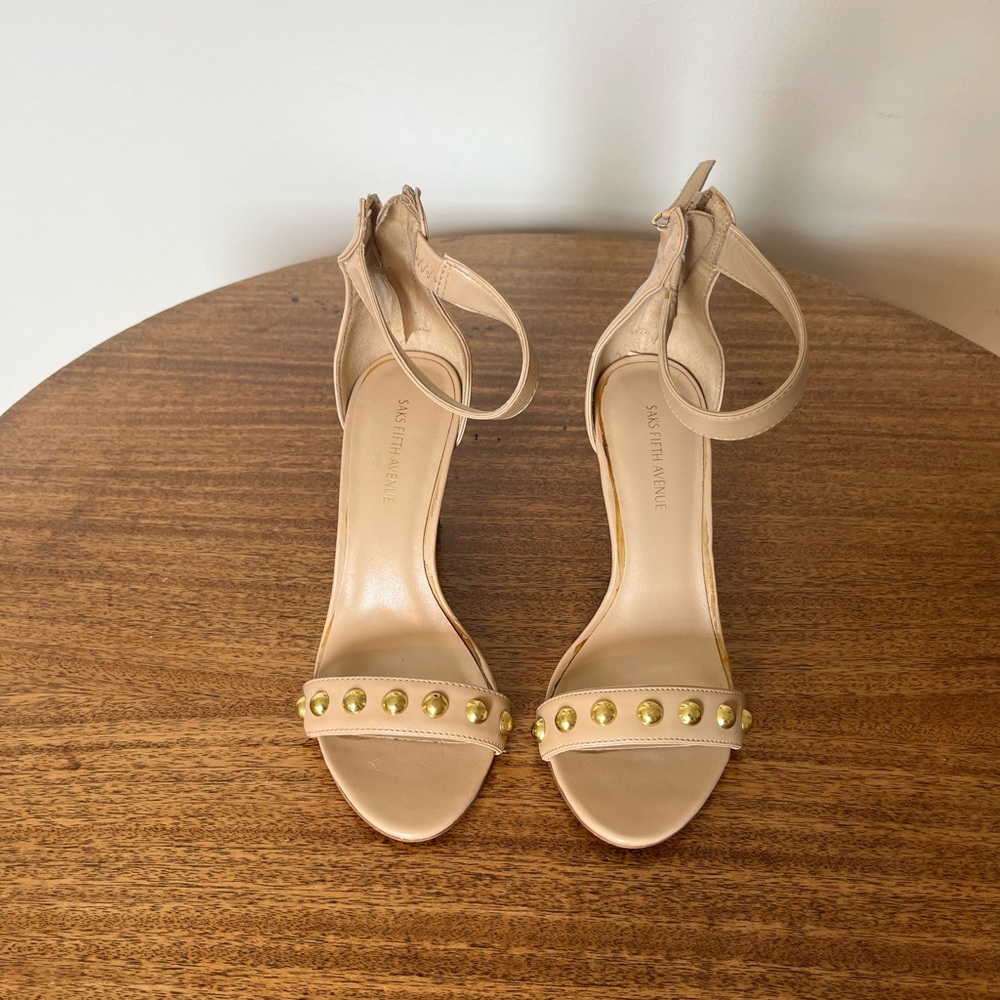 Saks Fifth Avenue open toed heels with gold runes tones and ankle straps